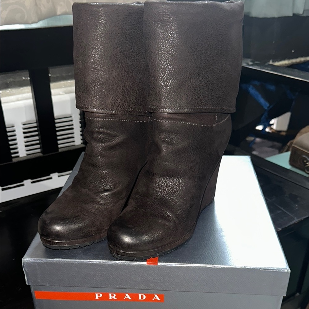 Prada Fold Over Cuff Wedge Leather Boots